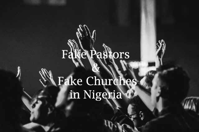 Image of church congregation with text: Fake pastors and fake churches in Nigeria