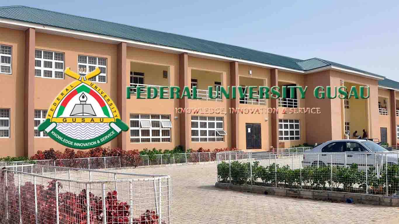 Federal University Gusau logo and school building
