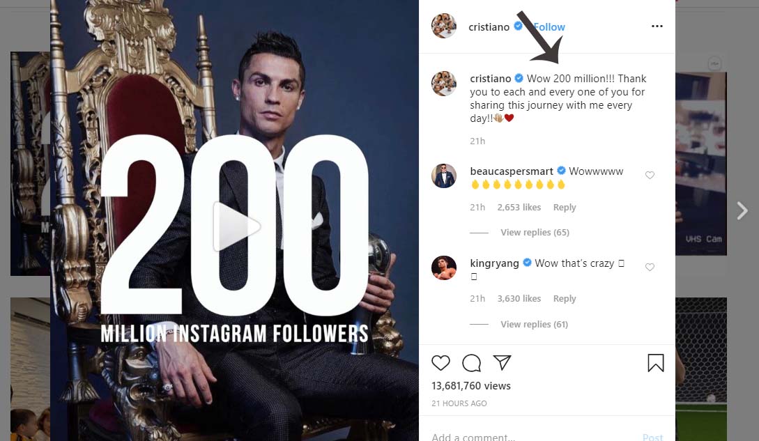 Christiano Ronaldo hits 200 m Instagram followers