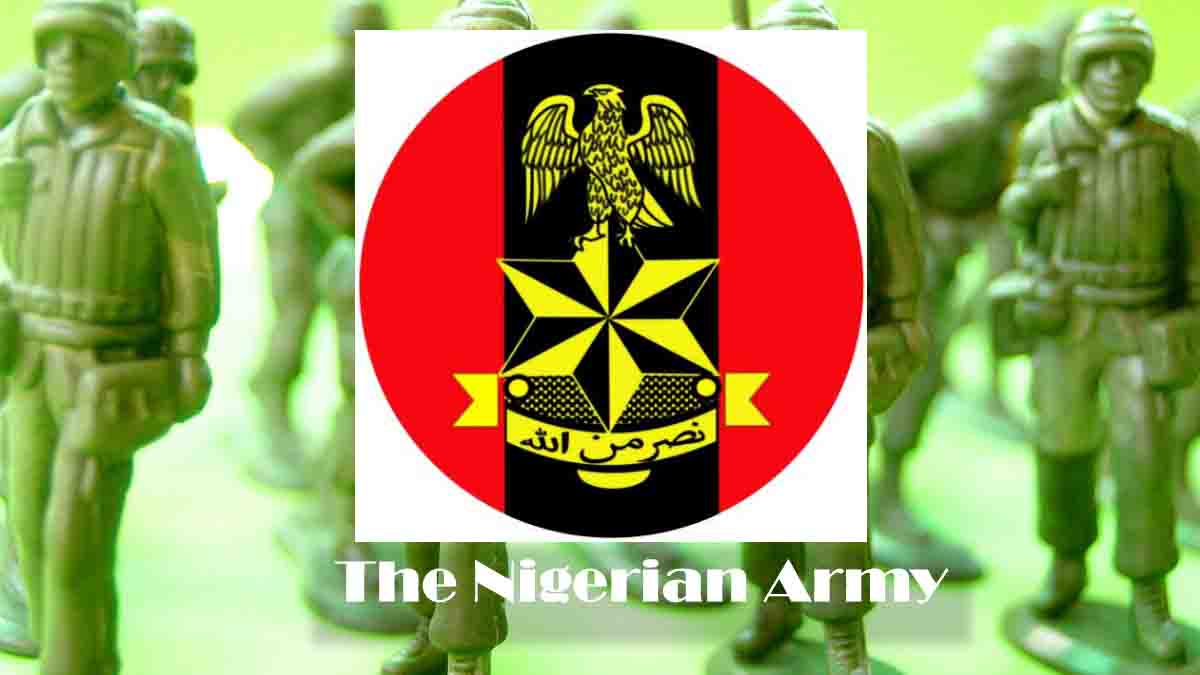Logo of the nigerian army crested on a background of toy soldiers